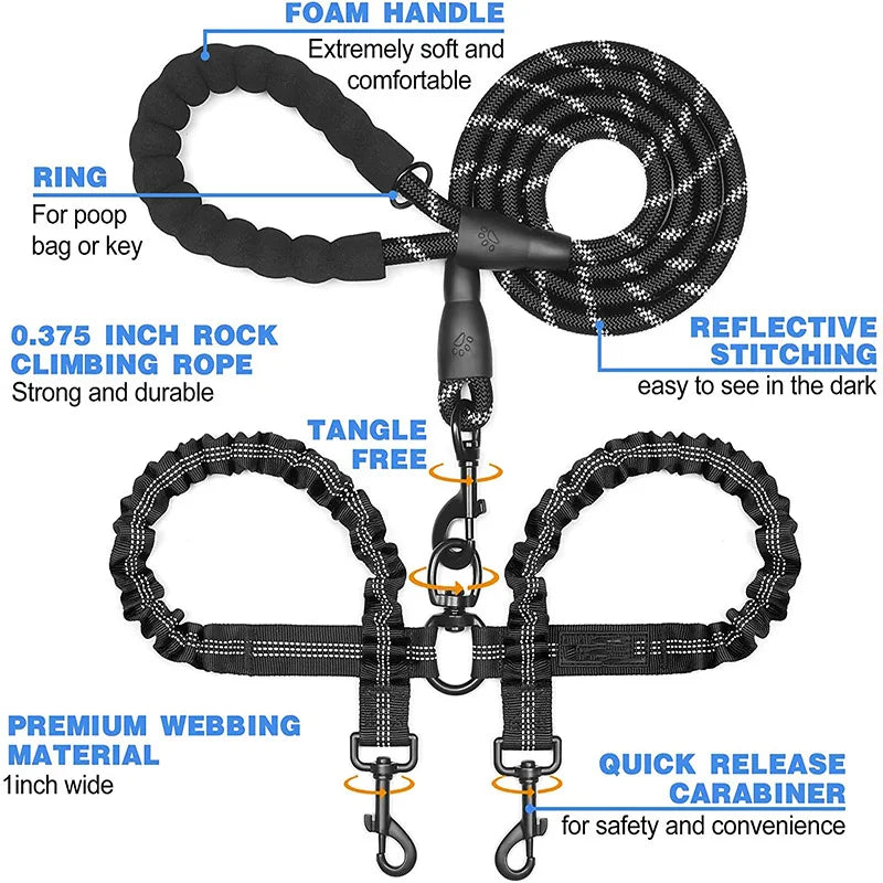 2 Dogs Leash Coupler Double Twin Lead Walking Dog Leashes