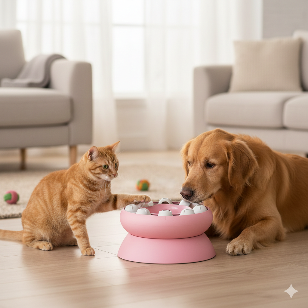Raised Cat Dog Slow Feeder Bowl, Non-Slip Rotating Puzzle Dish