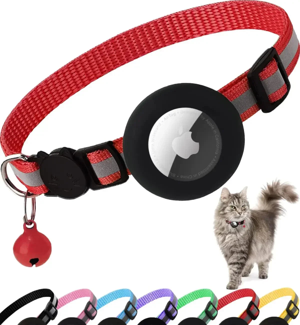 AirTag Cat Collar Reflective w/ Holder & Bell, 0.4" Breakaway