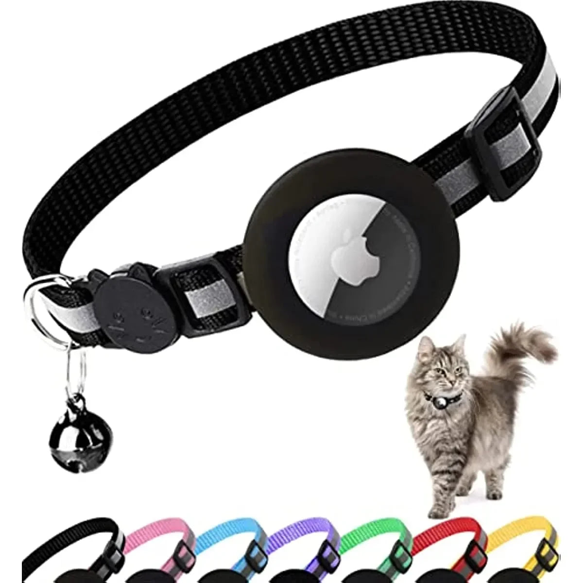 AirTag Cat Collar Reflective w/ Holder & Bell, 0.4" Breakaway