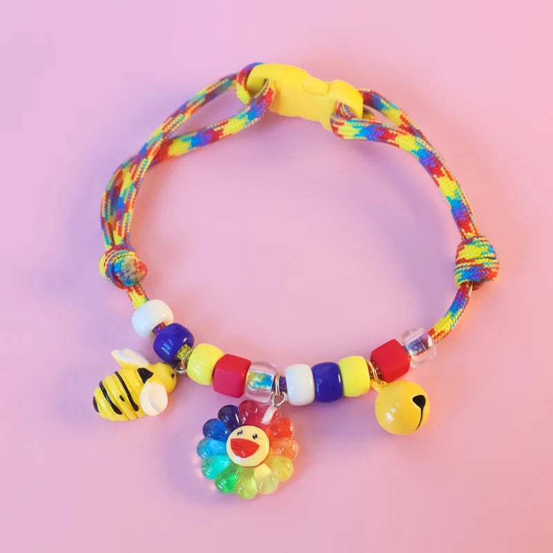 Colorful Braided Dog Collar with Pendant, Bell, Adjustable