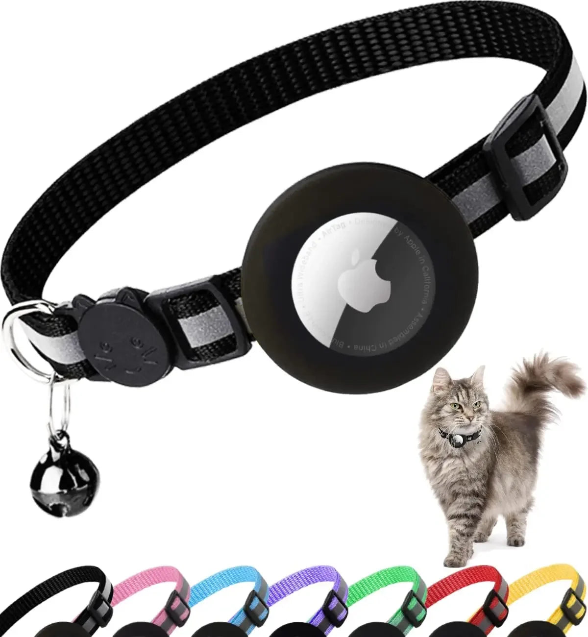 AirTag Cat Collar Reflective w/ Holder & Bell, 0.4" Breakaway