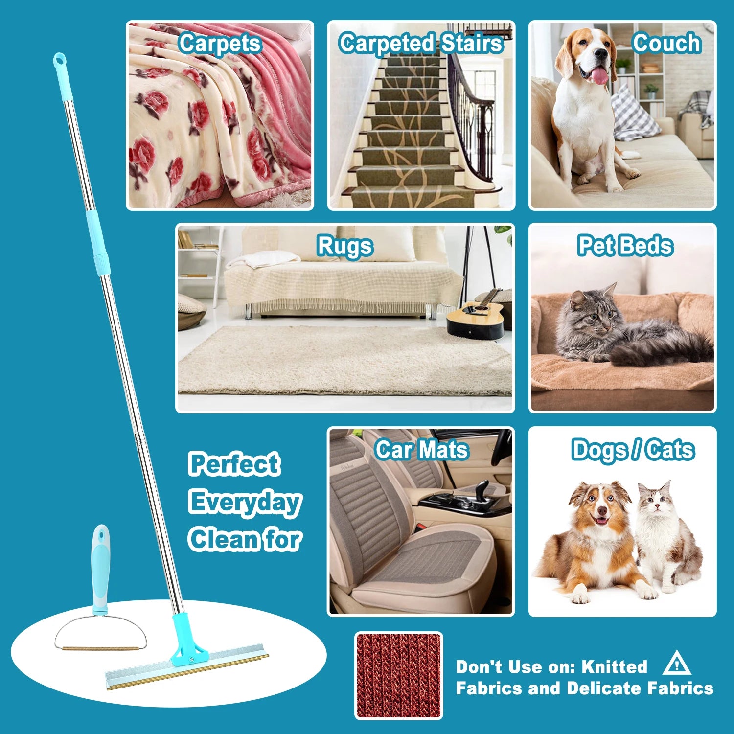Adjustable Pet Hair Remover Set – Carpet Rake & Lint Broom