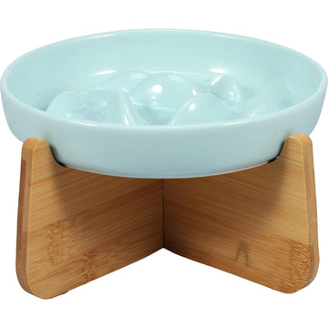 Slow Feeder Bowl with Wooden Stand for Cats - Anti-Choke