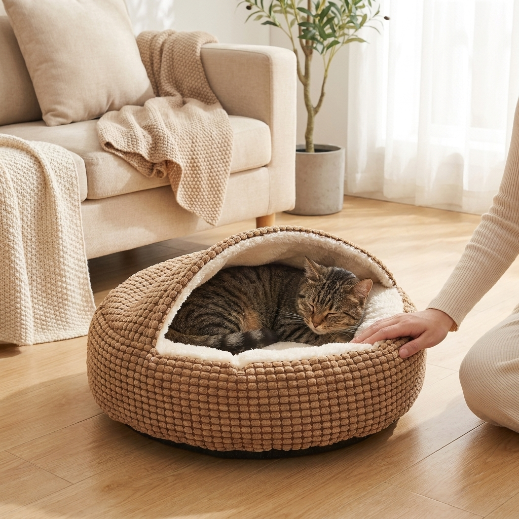 Round Pet Bed – Cozy Comfort with Fluffy Plush Cushion