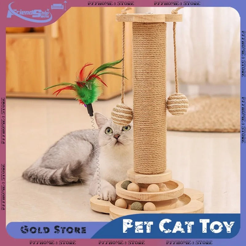 Durable Sisal Cat Scratcher Toy with Turntable & Wood Base
