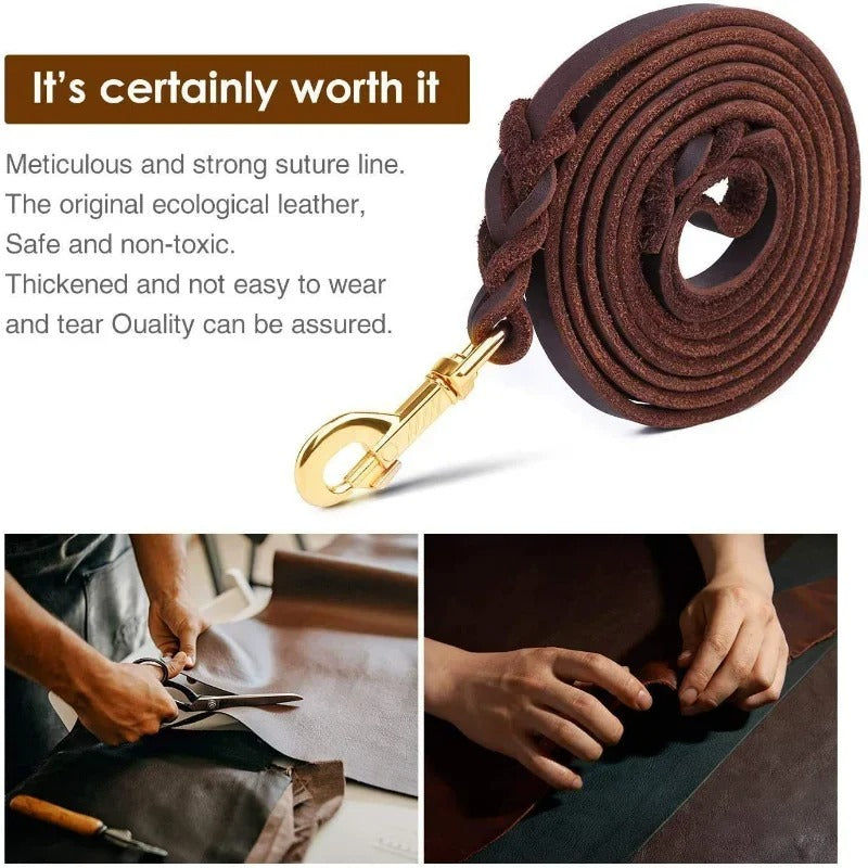 Genuine Leather Dog Leash – Braided Long Lead for Medium/Large
