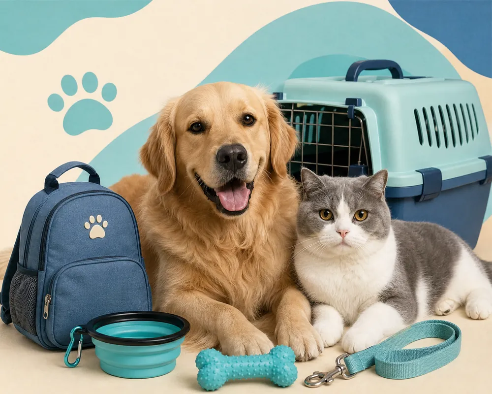 A golden retriever and a grey-and-white cat resting beside a carrier, backpack, travel bowl and lead